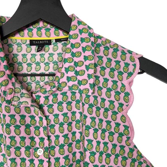 Talbots Pineapple Blouse Pink Yellow‎ Scalloped Sleeveless Top Womens Size 10 - Picture 5 of 8